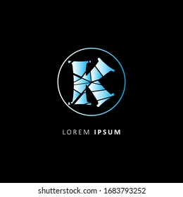 Abstract broken glass on the letter K logo with circle. Isolated realistic cracked glass effect, concept element. Vector Illustration
