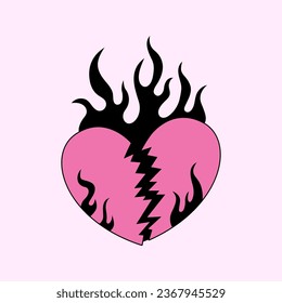 Abstract broken heart in fire. Symbol of love, break up, divorce in flame. Y2k emo goth clipart. Hand drawn vector illustration. Gothic tattoo design