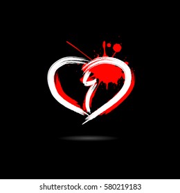 Abstract broken heart hand-drawn with blots paint. Isolated on a black background. Vector illustration