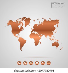 Abstract bronze Copper Metal gradient style Map of World vector Illustration.