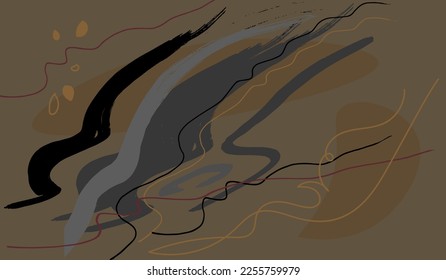 Abstract brown background with black splashes and colored spots. A rich and dynamic color combination that mimics brush marks. Hand painting. Vector