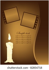 Abstract brown background with burning candle and frame photos
