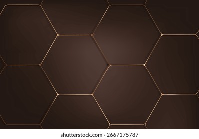abstrakter brauner Hintergrund mit goldenen Sechsecken und goldenen Punkten. Luxusbanner. Vektorgrafik