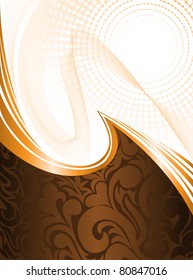 abstract brown background with ornament and orange waves