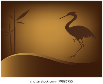Abstract brown background with silhouettes of herons and bamboo shoots