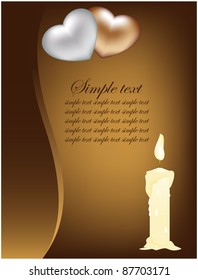 Abstract brown background with twist line, melted a candle and two hearts