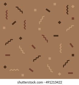 Abstract brown background with zigzags and squares. Vector seamless pattern with geometric figures. Hipster fill. Color image. Holiday composition. Multipurpose backdrop. blank for holidays, banners