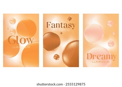 Abstract brown, beige color poster set, smooth blurred gradient background with glowing 3d flowing liquid bubbles. Coffee shade fluid poster with copy space. Great for technology, beauty presentations