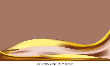 Abstract brown beige Mocha Mousse background with bright golden waves. shiny backdrop. Luxury card. Color gradient. Banner, poster. Copy space. Pop art wallpaper. Textured effect. Digital gold. Wealth