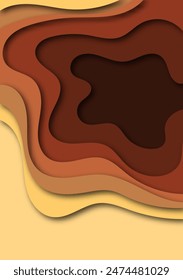 Abstract brown and beige paper cut wavy shapes layers background with copy space. Modern topo graphic. Fluid curve pattern in earth tone color. Vector illustration