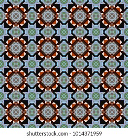 Abstract brown, blue and black seamless pattern with mesh of squares. Cute mosaic. Geometric vector template.
