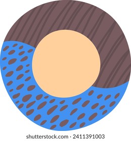 Abstract brown and blue donut design with patterns. Circle doughnut graphic with striped and dotted texture. Modern art and geometric shape vector illustration.