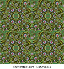 Abstract brown, blue and green geometric ornament. Vector seamless pattern in Christmas traditional colors. Can be used for digital paper, textile print, page fill or wrapping.