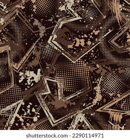 Abstract brown camouflage pattern with splattered paint, paint brush strokes, broken lines, halftone shapes. Dense chaotic composition For apparel, fabric, textile, sport goods Grunge texture