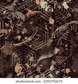 Abstract brown camouflage pattern with splattered paint, paint brush strokes, leaves, hexagons. Dense chaotic composition For apparel, fabric, textile, sport goods Grunge texture