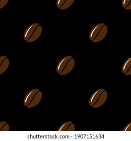 Abstrakte braune Kaffeebohnen. Vektornahtloses Muster auf schwarzem Hintergrund.