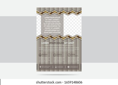 Abstract brown color background of flyer design template design with gradient gold and white ornament as border of photo space. Vertical layout in A4 size 