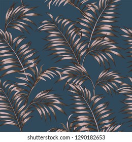 Abstract brown color tropical leaves seamless pattern on the dark blue background