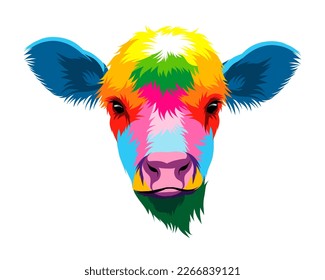 Abstract brown cow head portrait from multicolored paints. Colored drawing. Vector illustration of paints