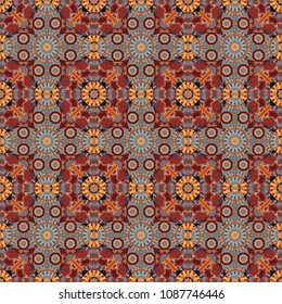 Abstract brown, gray and orange seamless pattern with mesh of squares. Cute mosaic. Geometric vector template.