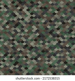Abstract brown and green halftones fish scale surface. Colored woodland camouflage scale texture. Pine forest seamless pattern with reptilian scales.