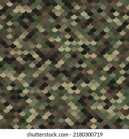 Abstract brown and green halftones fish scale surface. Colored woodland camouflage scale texture. Pine forest seamless pattern with reptilian scales.