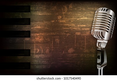abstract brown grunge music background with retro microphone vector illustration
