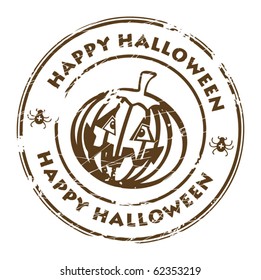 Abstract brown grunge rubber stamp with pumpkin and the word Happy Halloween written inside the stamp, vector illustration