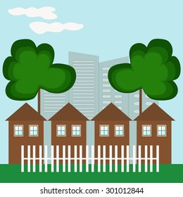 Abstract brown houses with trees