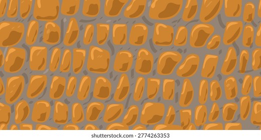Abstract brown paving stone seamless patten. Vector cobblestone mosaic shapes natural brown textured background. Rubble stone print. Geometric gravel tile texture for fabric, textile, fashion