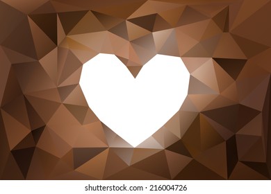 Abstract brown polygon background with white heart shape in middle.Vector, illustration.