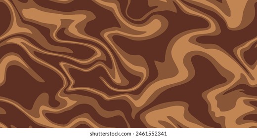 Abstractas marrón psicodélico ondas de fondo de impresión. Patrón sin fisuras trippy de los años 70. Patrón de remolino de acrílico de mármol. Textura líquida de café o chocolate.