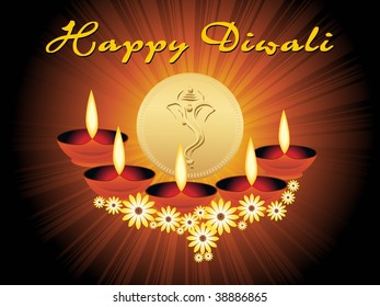 abstract brown rays background with collection of diya, blossom