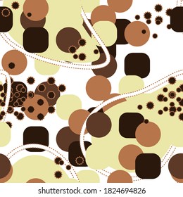 Abstract Brown seamless pattern with yellow, white, lemon, black, dark brown colors, lines, dots shapes
