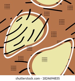 Abstract Brown seamless pattern with yellow, white, lemon, black, dark brown colors, lines, dots, figures, hair, viruses shapes