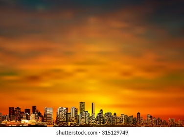 abstract brown sunset background with panorama of city vector illustration