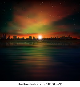 abstract brown sunset background with silhouette of city and clouds
