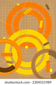 Abstract brown and yellow, golden old geometrical shapes background. Simple retro gold geometric cartoon art illustration. Vibrant graphic busy bronze psychodelic volumetric vector banner, poster.