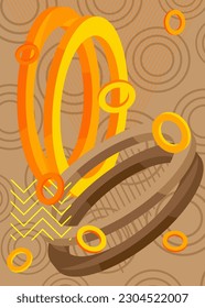 Abstract brown and yellow, golden old geometrical shapes background. Simple retro gold geometric cartoon art illustration. Vibrant graphic busy bronze psychodelic volumetric vector banner, poster.