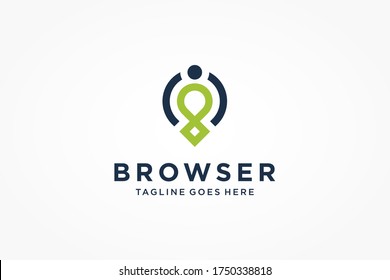 Abstract Browser Logo. Blue Green Linear Style Human Symbol with Map Location Icon Combination. Usable for Business, Technology and People Logos. Flat Vector Logo Design Template Element. 