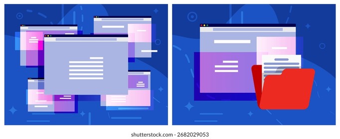 Abstract browser window interface with document icon and file folder. Flat style overlay web page concept illustration.