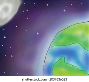 abstract brush art drawing, half side of planet earth and moon, in the space
