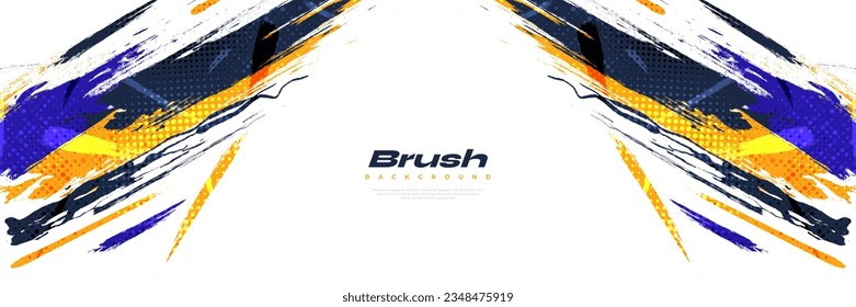 Abstract Brush Background Dominated by Blue and Yellow Color with Halftone Effect. Brush Stroke Illustration for Banner, Poster, or Sports Background. Scratch and Texture Elements For Design