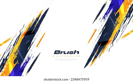 Abstract Brush Background Dominated by Blue and Yellow Color with Halftone Effect. Brush Stroke Illustration for Banner, Poster, or Sports Background. Scratch and Texture Elements For Design