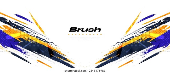 Abstract Brush Background Dominated by Blue and Yellow Color with Halftone Effect. Brush Stroke Illustration for Banner, Poster, or Sports Background. Scratch and Texture Elements For Design