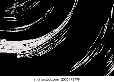 Fondo de pincel Abstractas de trazos de pincel redondos. Diseño de Vector. Curvas pintadas de negro por toda la superficie. Ilustración Grunge en estilo japonés