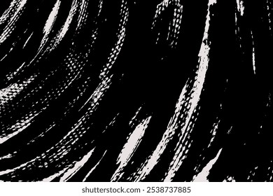 Abstrakter Pinselhintergrund von runden Pinselstrichen. Vektordesign. Schwarz gemalte Kurven auf der ganzen Oberfläche. Grunge-Illustration im japanischen Stil