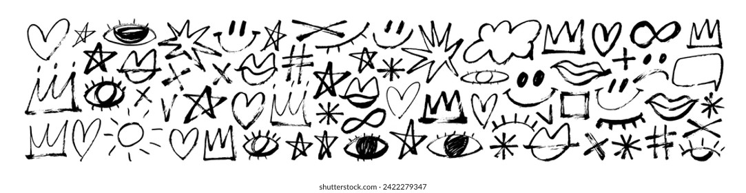 Abstract brush drawn doodle elements like crowns, hearts, stars, eyes and various icons. Hand drawn vector illustration in punk childish style. Trendy doodle shapes set. Elements for banner, collage.