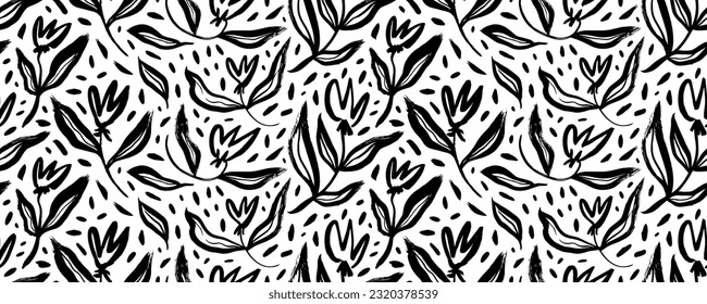 Abstract brush drawn tulip flowers with stems and dots. Seamless banner with hand drawn floral motif. Folk and childish style drawing. Naive seamless floral naive pattern with tulips in doodle style.