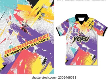 Abstract brush grunge colorful spray splash splatter paint style vector sublimation jersey design, classic pop culture background, modern sport apparel training kit wear